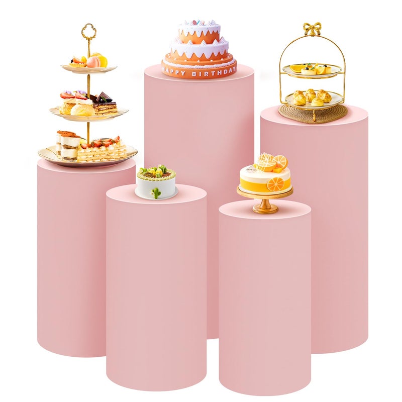 SaitiMade Set of 5 - Pink Cylinder Pedestal Stand Covers  Flexible Cylinder Stand Covers for Party  Wedding or Birthday Event Decor - Only Contains Cylinder Covers - Image 1